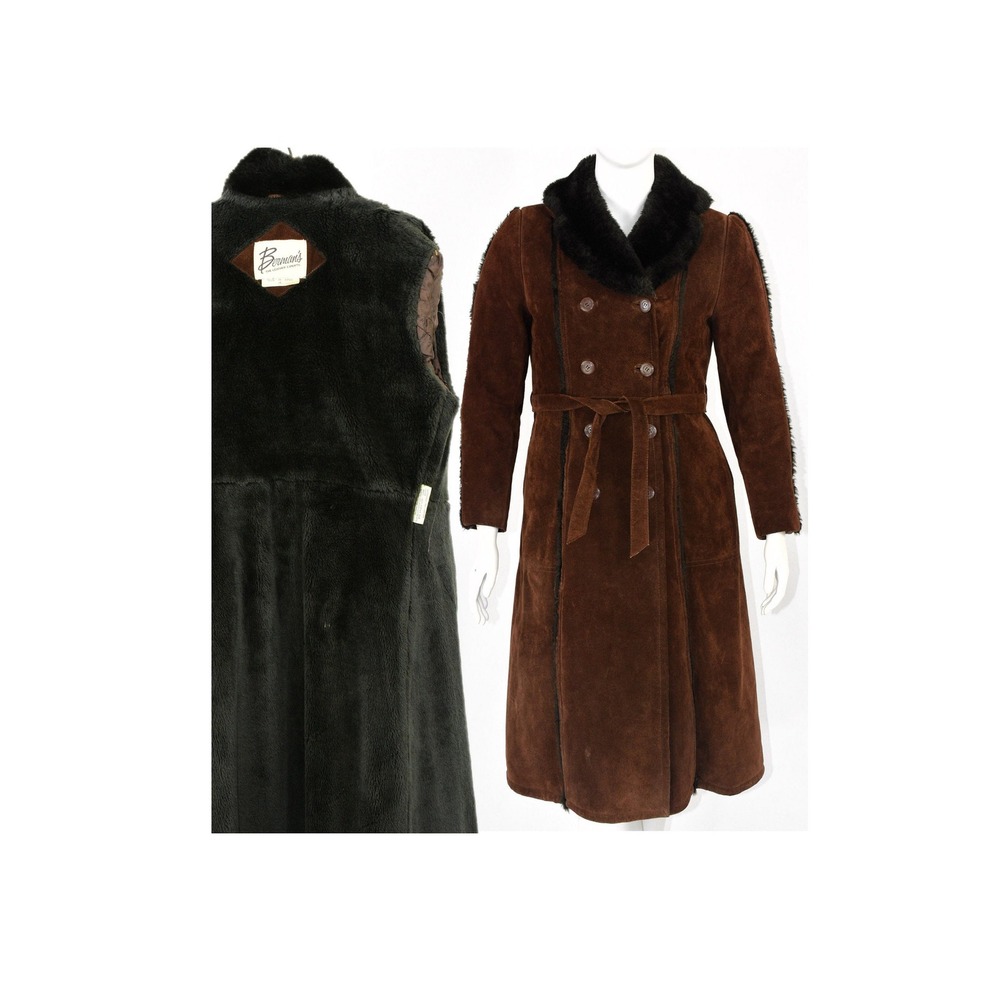 Vintage Suede Double Breasted Coat Long Coat Belted Faux Fur Lining Bermans L